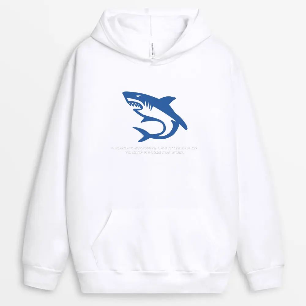 Keep Moving-themed hoodie inspired by shark strength and motion