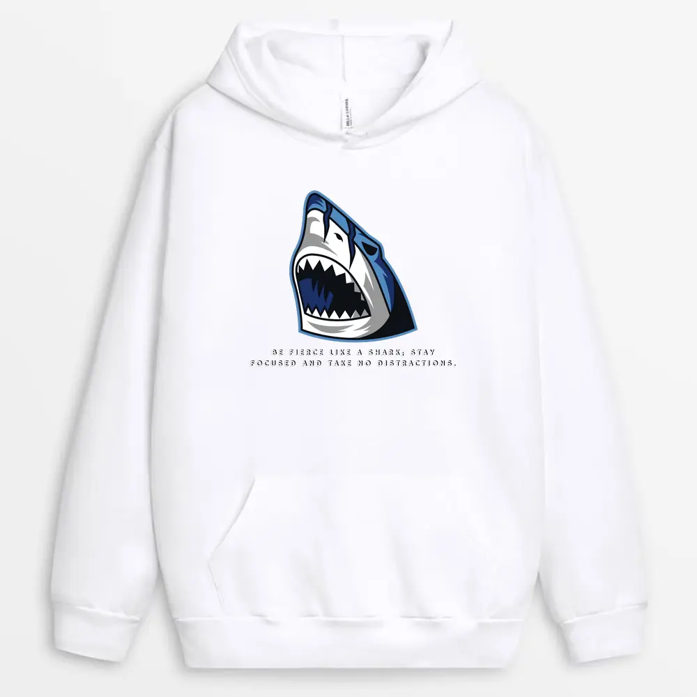 Stay Fierce-themed hoodie inspired by shark strength and motion
